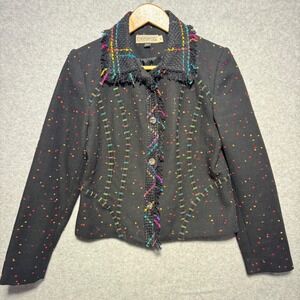 Canvasbacks Womens Confetti Fleck Rainbow Stitch Fringe Wool Blend Blazer Size 6